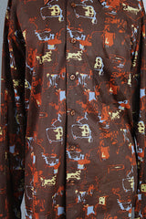 Men's or women's vintage 1970's Knit Collection, Bonds label long sleeve brown polyester material button up shirt with pointy collar with all over abstract print.