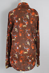 Men's or women's vintage 1970's Knit Collection, Bonds label long sleeve brown polyester material button up shirt with pointy collar with all over abstract print.