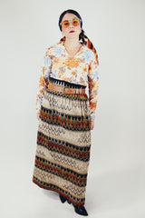 knubby tapestry textured striped maxi skirt with elastic waistband vintage women's 1960's