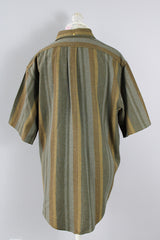 Men's or women's vintage 1960's Macy's, Supre-Macy label short sleeve button up shirt in a wool and nylon blend material with vertical stripes in various shades of green