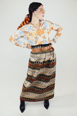knubby tapestry textured striped maxi skirt with elastic waistband vintage women's 1960's
