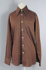 Men's or women's vintage 1970's Van Heusen Sportswear label long sleeve button up shirt with a pointy collar in a soft lightweight Polyester material. Brown with white polka dots.
