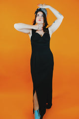 sleeveless ankle length black dress with two front slits and sweetheart bust vintage 1980's