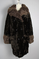 Women's vintage 1970's Styled by Davis of Boston, A Division of Jonathan Logan label long sleeve faux fur coat in two different tones of brown and texture.