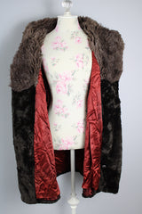 Women's vintage 1970's Styled by Davis of Boston, A Division of Jonathan Logan label long sleeve faux fur coat in two different tones of brown and texture.