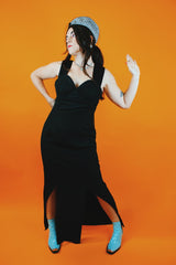 sleeveless ankle length black dress with two front slits and sweetheart bust vintage 1980's