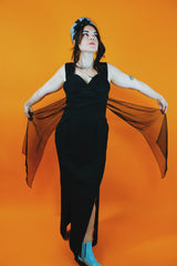 sleeveless ankle length black dress with two front slits and sweetheart bust vintage 1980's