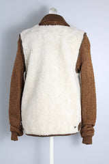 Women's or men's vintage 1970's Robert Lewis Weather Wear, The Swacket label long sleeve wool jacket with an attached white faux fur vest.