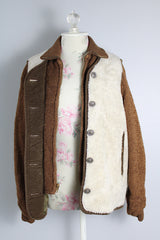 Women's or men's vintage 1970's Robert Lewis Weather Wear, The Swacket label long sleeve wool jacket with an attached white faux fur vest.