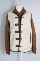 Women's or men's vintage 1970's Robert Lewis Weather Wear, The Swacket label long sleeve wool jacket with an attached white faux fur vest.