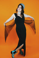 sleeveless ankle length black dress with two front slits and sweetheart bust vintage 1980's