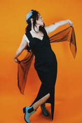 sleeveless ankle length black dress with two front slits and sweetheart bust vintage 1980's