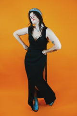 sleeveless ankle length black dress with two front slits and sweetheart bust vintage 1980's