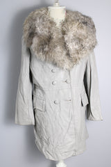 Vintage women's 1970's Imperial Leather & Sportswear, Made in Canada label long sleeve long length light grey leather coat with a faux trim around collar