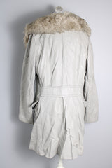 Vintage women's 1970's Imperial Leather & Sportswear, Made in Canada label long sleeve long length light grey leather coat with a faux trim around collar
