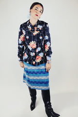 long sleeve floral printed button up blouse with collar vintage women's 1970's polyester