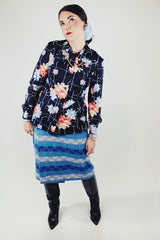 long sleeve floral printed button up blouse with collar vintage women's 1970's polyester