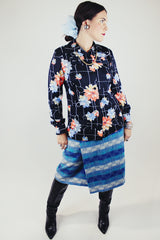 long sleeve floral printed button up blouse with collar vintage women's 1970's polyester