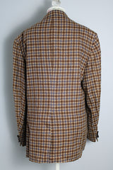 Men's vintage 1970's Varsity Town by Seinsheimer label long sleeve two button closure checkered blazer in brown, tan, and blue wool.