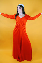 long sleeve red dress floor length ruched v-neck vintage 1970's