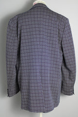 Men's vintage 1970's Double Knits Tailored by Jantzen label long sleeve polyester blazer with navy, white, and maroon all over houndstooth print.