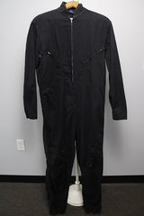 Women's or men's vintage 1980's Reminiscence by Stewart Richer label zip up one piece jumpsuit in a black cotton material.