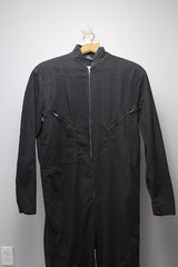 Women's or men's vintage 1980's Reminiscence by Stewart Richer label zip up one piece jumpsuit in a black cotton material.