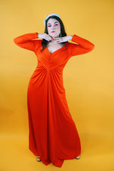 long sleeve red dress floor length ruched v-neck vintage 1970's