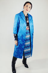 blue satin evening jacket with double lapel and no closure with floral print vintage 1960's