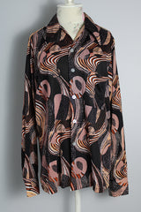 Women's or men's vintage 1970's Don Soper California by Duke of Hollywood label long sleeve button up shirt with dagger collar, chest pocket, and pearly buttons.