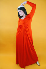 long sleeve red dress floor length ruched v-neck vintage 1970's