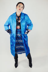 blue satin evening jacket with double lapel and no closure with floral print vintage 1960's