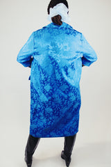 blue satin evening jacket with double lapel and no closure with floral print vintage 1960's