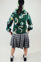 long sleeve forest green printed button up blouse with collar vintage 1970's polyester