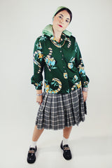 long sleeve forest green printed button up blouse with collar vintage 1970's polyester