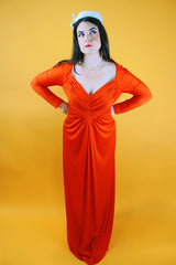 long sleeve red dress floor length ruched v-neck vintage 1970's
