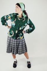 long sleeve forest green printed button up blouse with collar vintage 1970's polyester