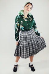 mint green and black plaid print wool pleated mid length skirt pendleton vintage