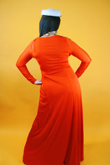 long sleeve red dress floor length ruched v-neck vintage 1970's