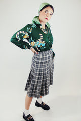 mint green and black plaid print wool pleated mid length skirt pendleton vintage