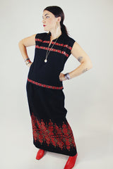 sleeveless top and maxi skirt set in black with red and gold metallic embroidery vintage 1970's