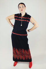 sleeveless top and maxi skirt set in black with red and gold metallic embroidery vintage 1970's