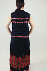 sleeveless top and maxi skirt set in black with red and gold metallic embroidery vintage 1970's
