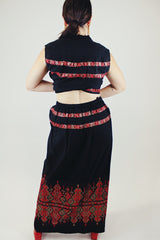 sleeveless top and maxi skirt set in black with red and gold metallic embroidery vintage 1970's