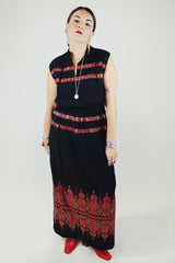 sleeveless top and maxi skirt set in black with red and gold metallic embroidery vintage 1970's