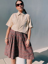 women's vintage 1960's high waisted brown printed pleated midi skirt