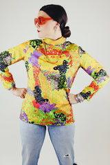 long sleeve abstract printed blouse with mock neck vintage 1970's polyester