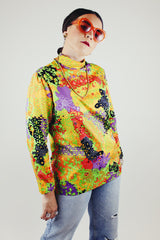 long sleeve abstract printed blouse with mock neck vintage 1970's polyester