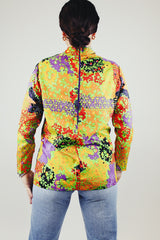 long sleeve abstract printed blouse with mock neck vintage 1970's polyester