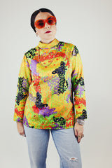 long sleeve abstract printed blouse with mock neck vintage 1970's polyester